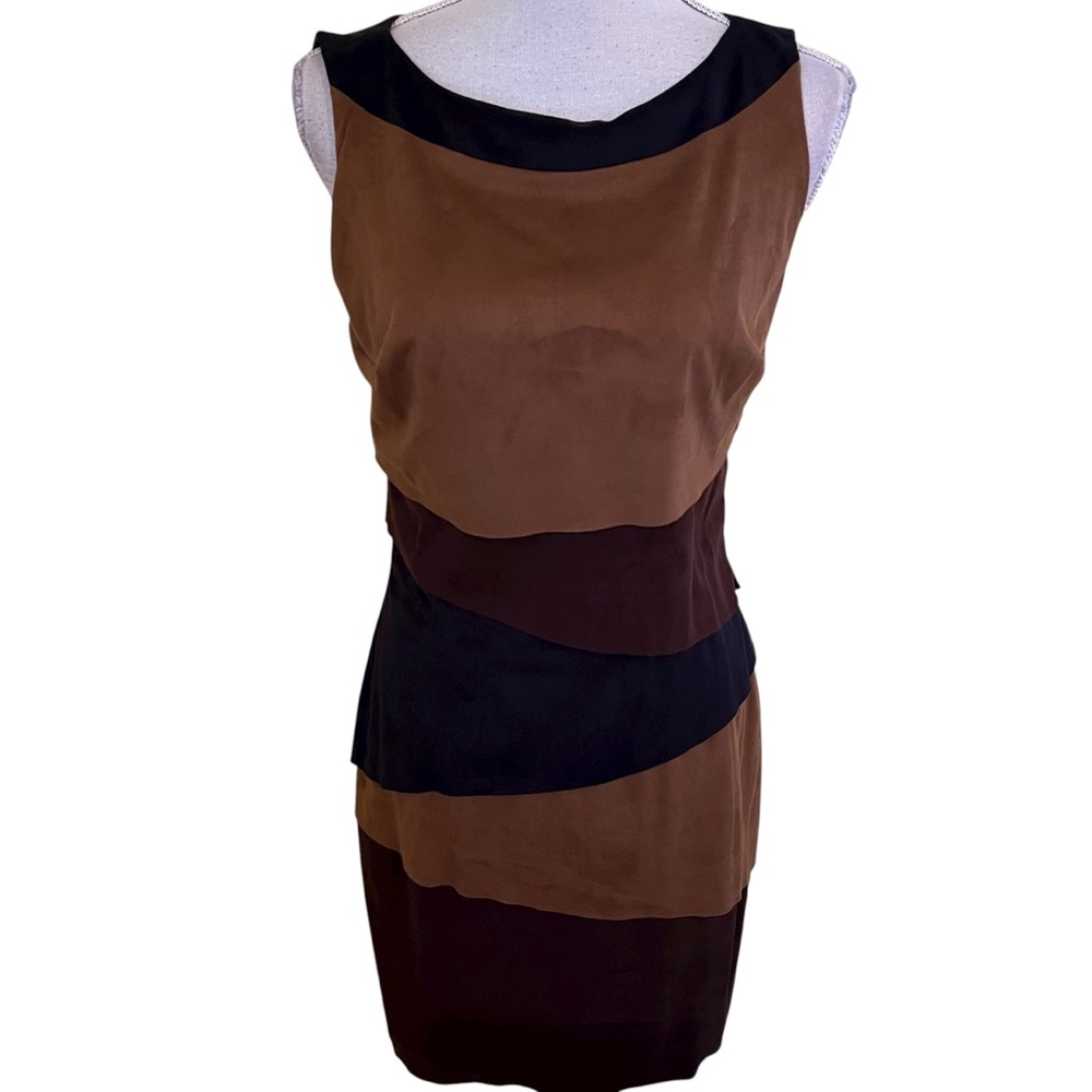 Joseph Ribkoff Brown/Tan/Black Layered Faux Suede Sleeveless Boatneck Dress 6